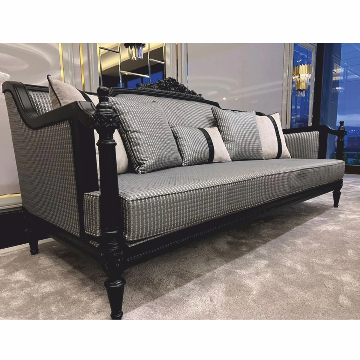 Luxury Baroque sofa with cushions silver / black 255 cm - Baroque furniture