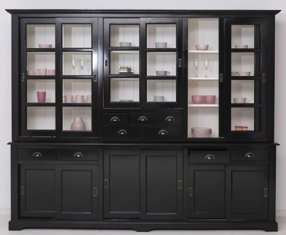 Country house style dining room cabinet black / white 280 x 55 x H. 225 cm - solid wood kitchen cabinet - dining room furniture in country house style - country house style dining room furnishings