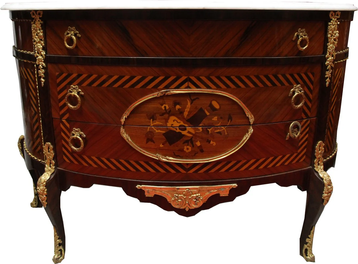 French antique style chest of drawers inlaid brown with white marble top - Baroque furniture