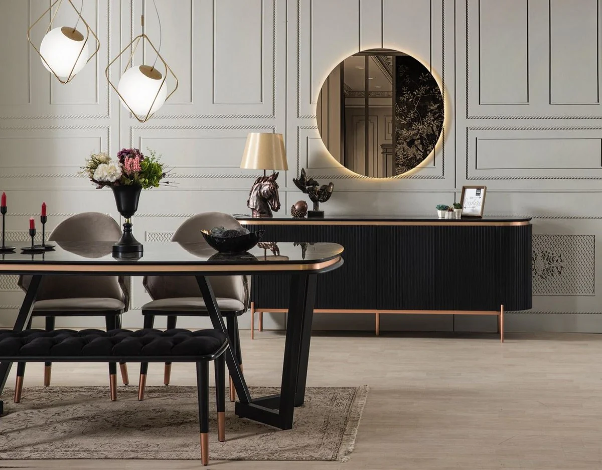 Luxury Dining Room Set Gray / Black / Copper - 1 Dining Room Table & 4 Dining Chairs & 1 Bench - Luxury Dining Room Furniture