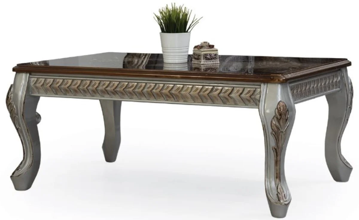 Luxury baroque coffee table brown / silver / bronze 115 x 77 x H. 48 cm - solid wood living room table - living room furniture in the baroque style