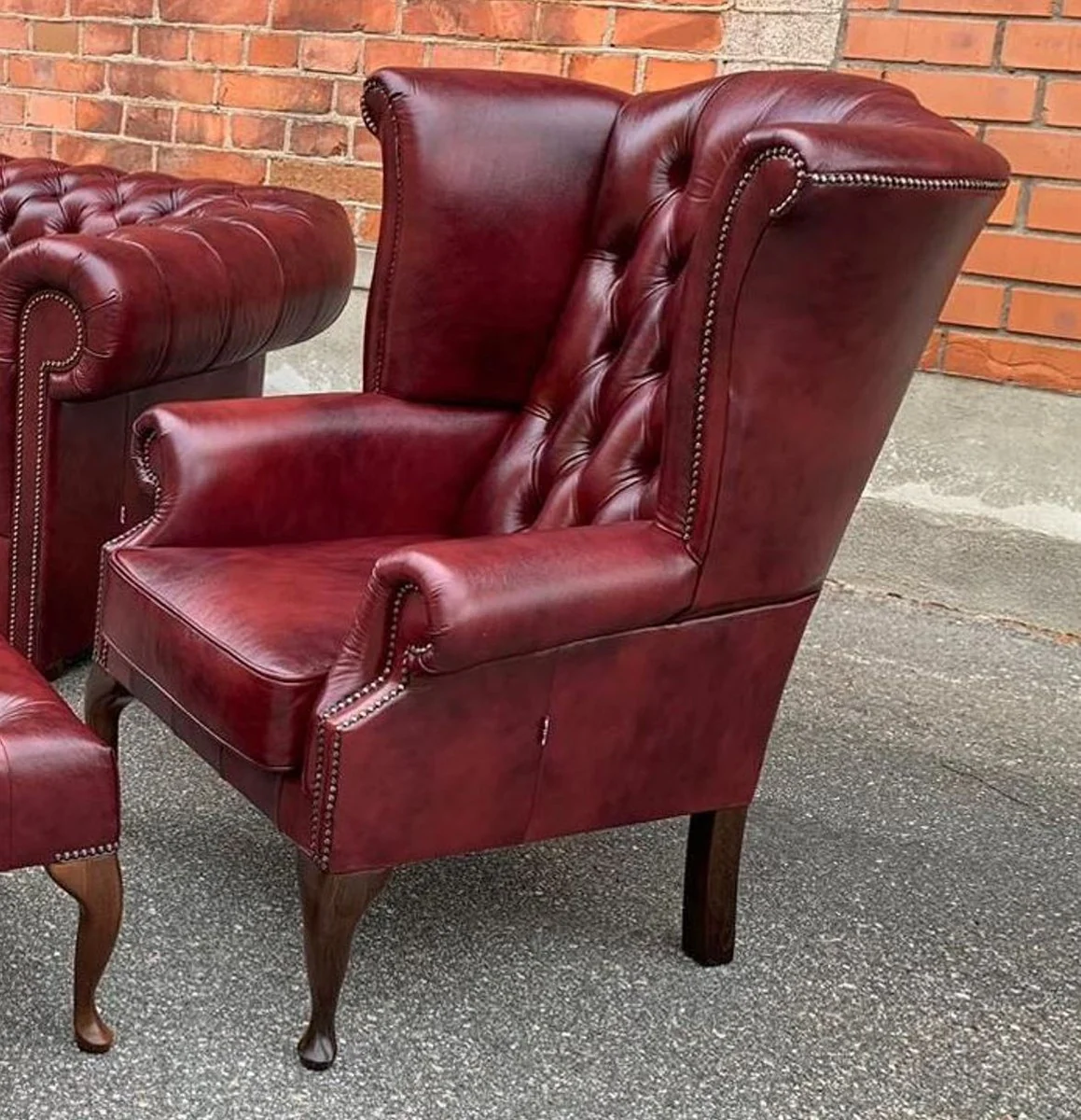 Luxury Chesterfield leather wing chair burgundy red / brown