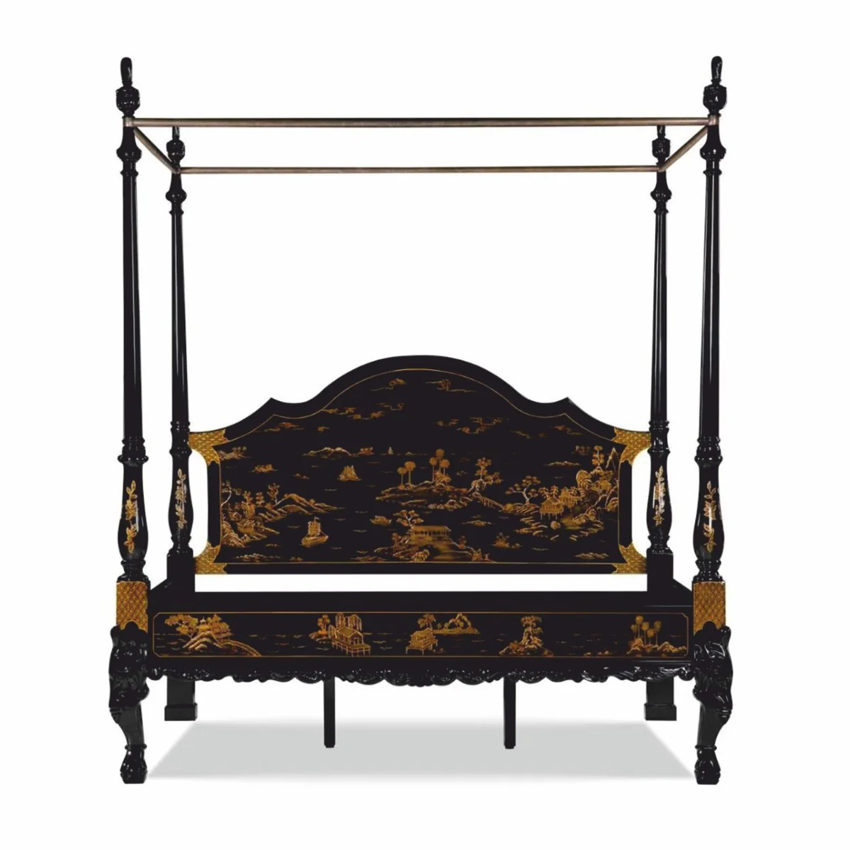 Luxury Baroque Chinese Style Four Poster Bed Black/Gold - Bedroom Furniture