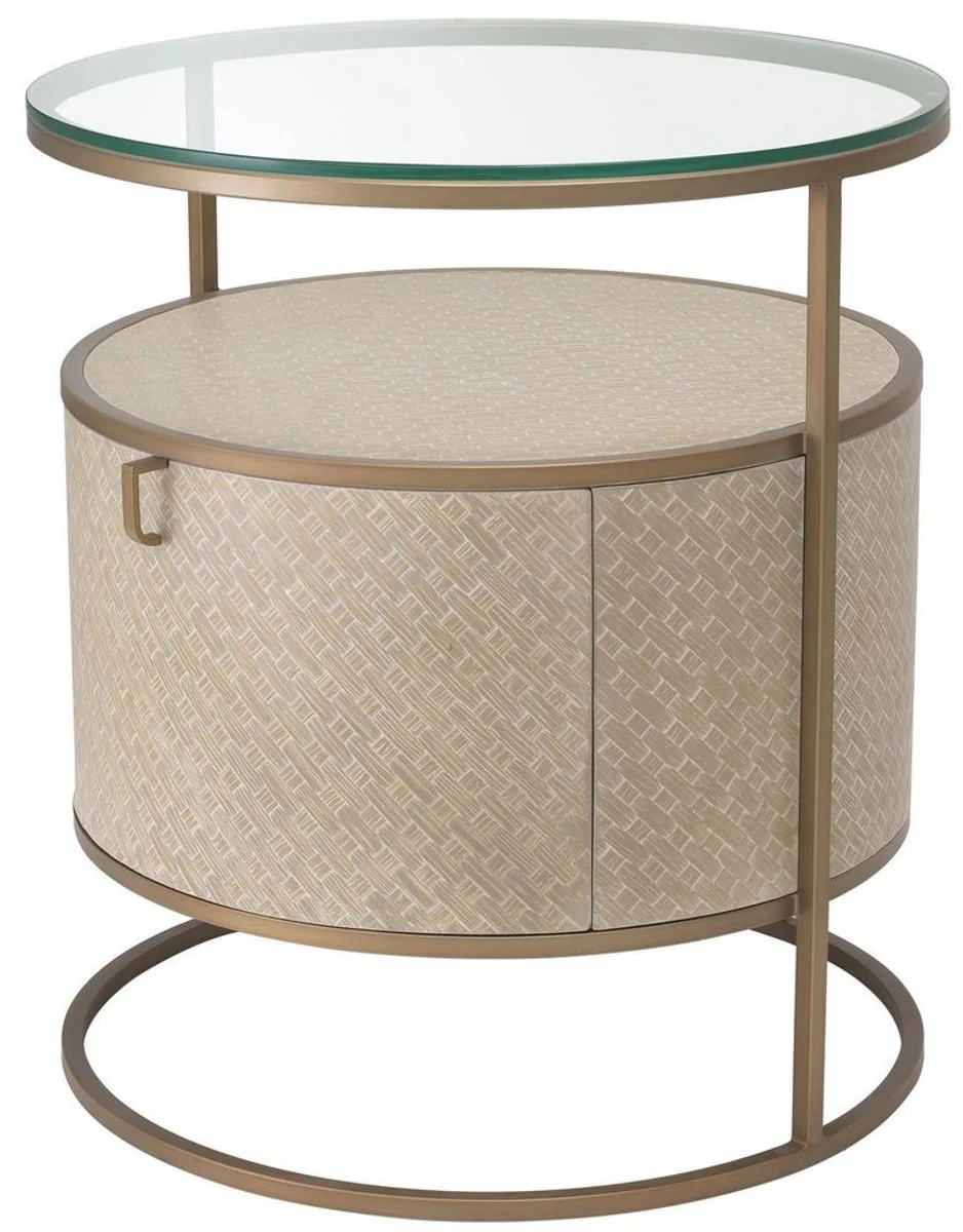 Luxury bedside table beige / brass Ø 50 x H. 56 cm - Round side table with drawer and glass top - Luxury bedroom furniture