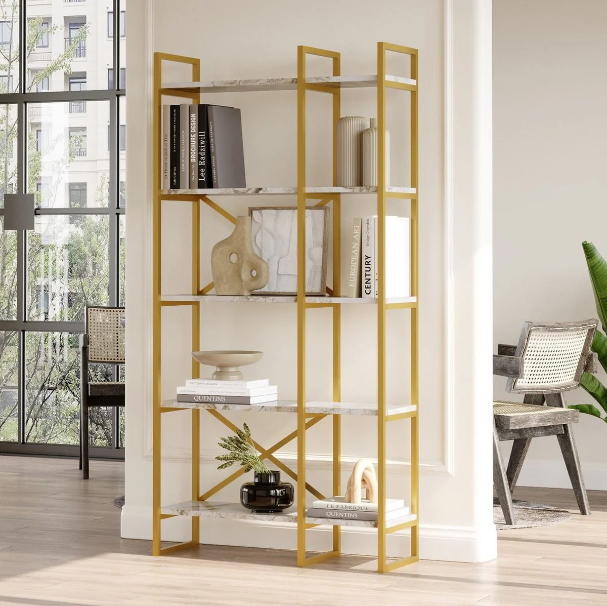 Luxury shelf cabinet with marble shelves gold / white 87.5 x 30 x H. 175 cm - bookcase - living room cabinet - office cabinet - living room furniture - office furniture - luxury furniture
