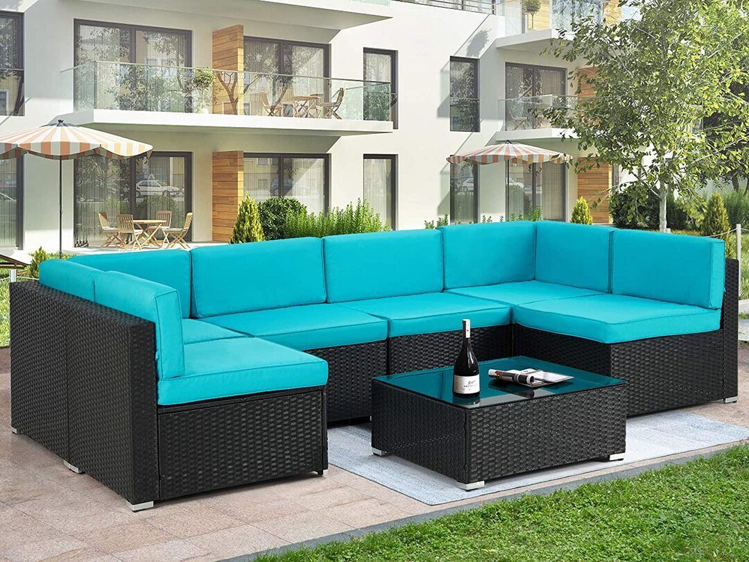 7 Piece Outdoor Patio-Möbel-Set, PE Rattan Wicker Sofa-Set, Outdoor-Stuhlmöbel-Set mit Khaki Kissen und Teetisch