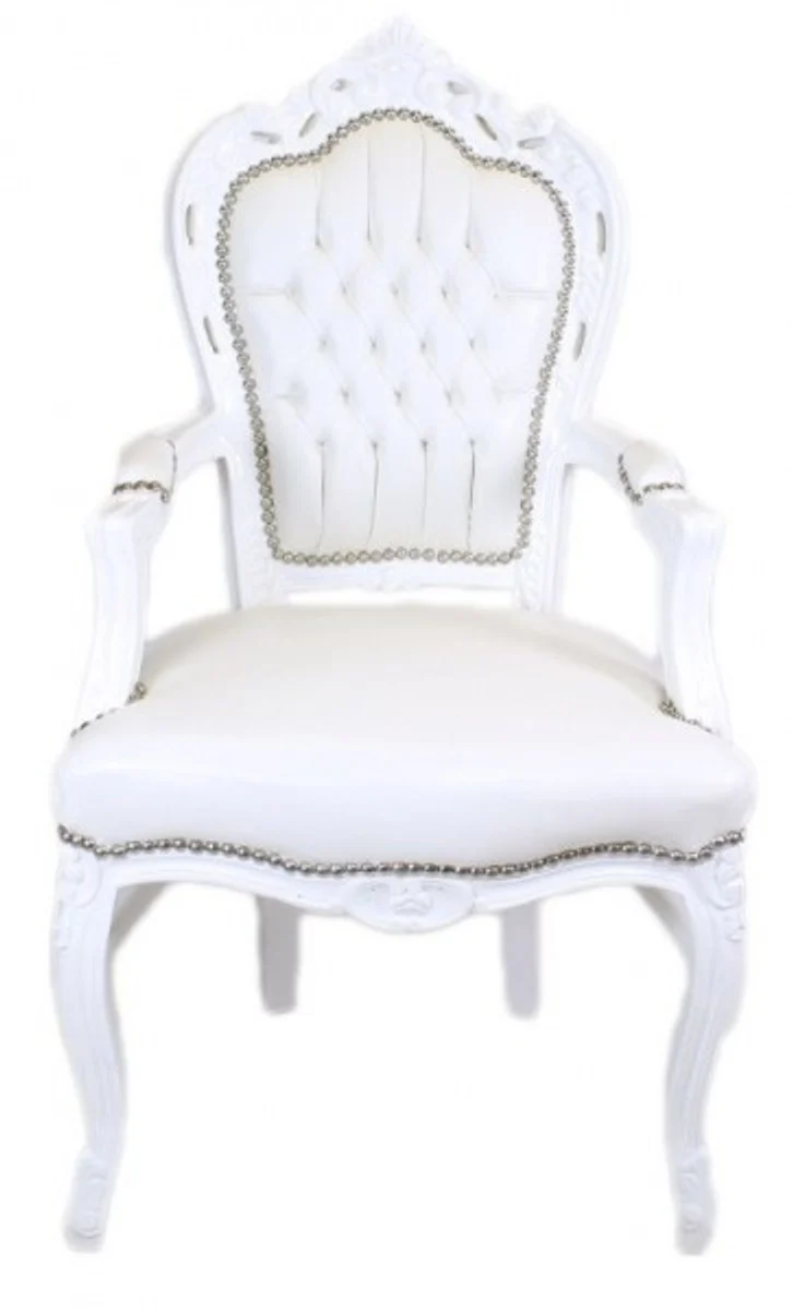 Baroque dining room chair white / white leather look with armrests - baroque chair - antique style chair