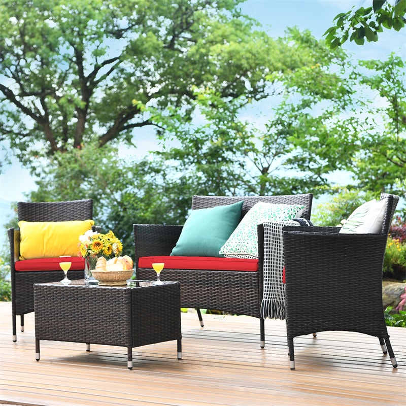 4 Pcs Outdoor Rattan Patio Conversation Set Wicker Furniture Set with Coffee Table and Cushion Sofas