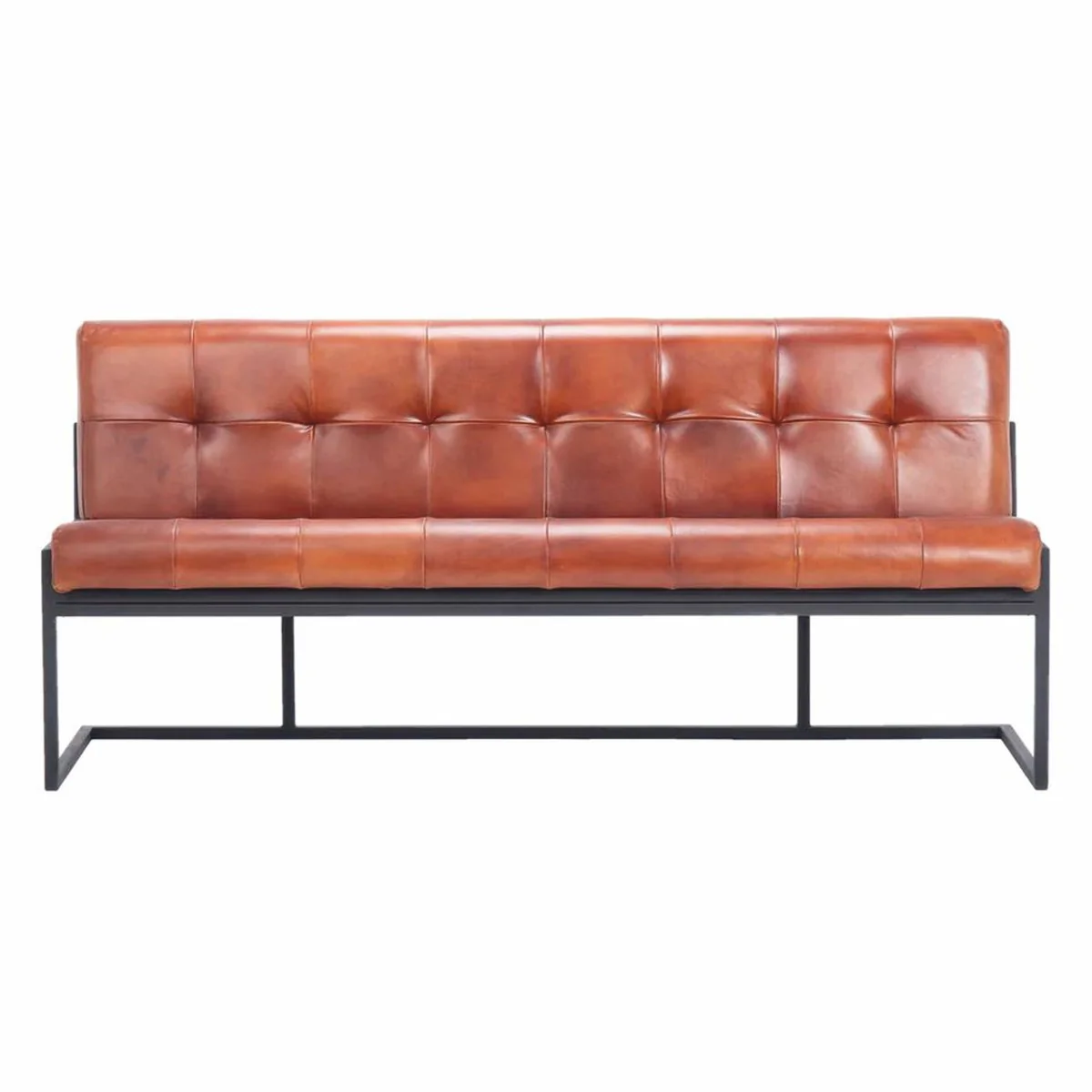 Luxury Chesterfield genuine leather bench light brown / black 200 cm - genuine leather furniture