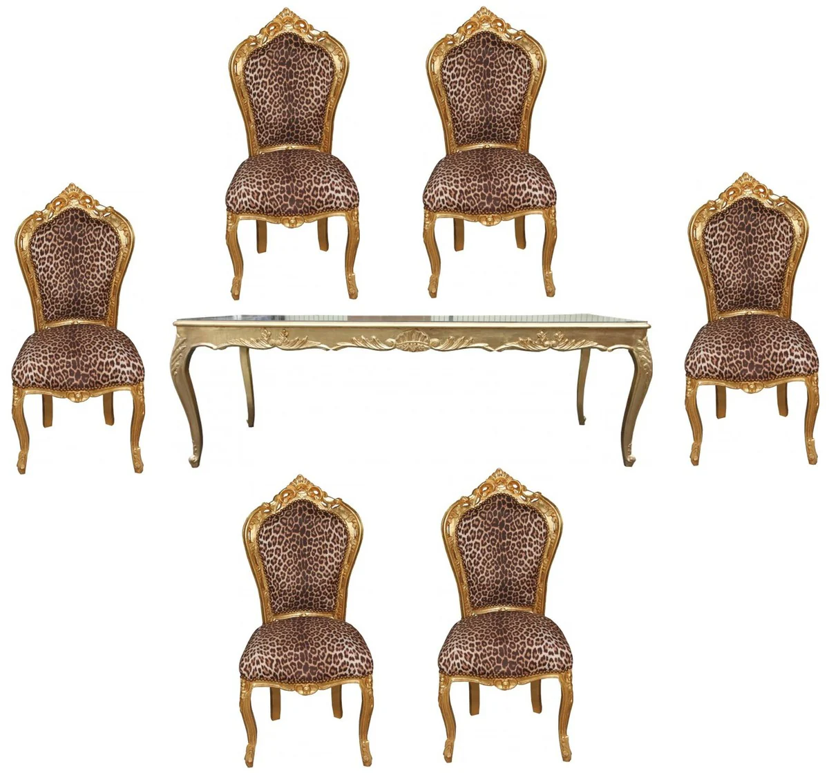 Baroque dining room set leopard/gold - dining table + 6 chairs without armrests