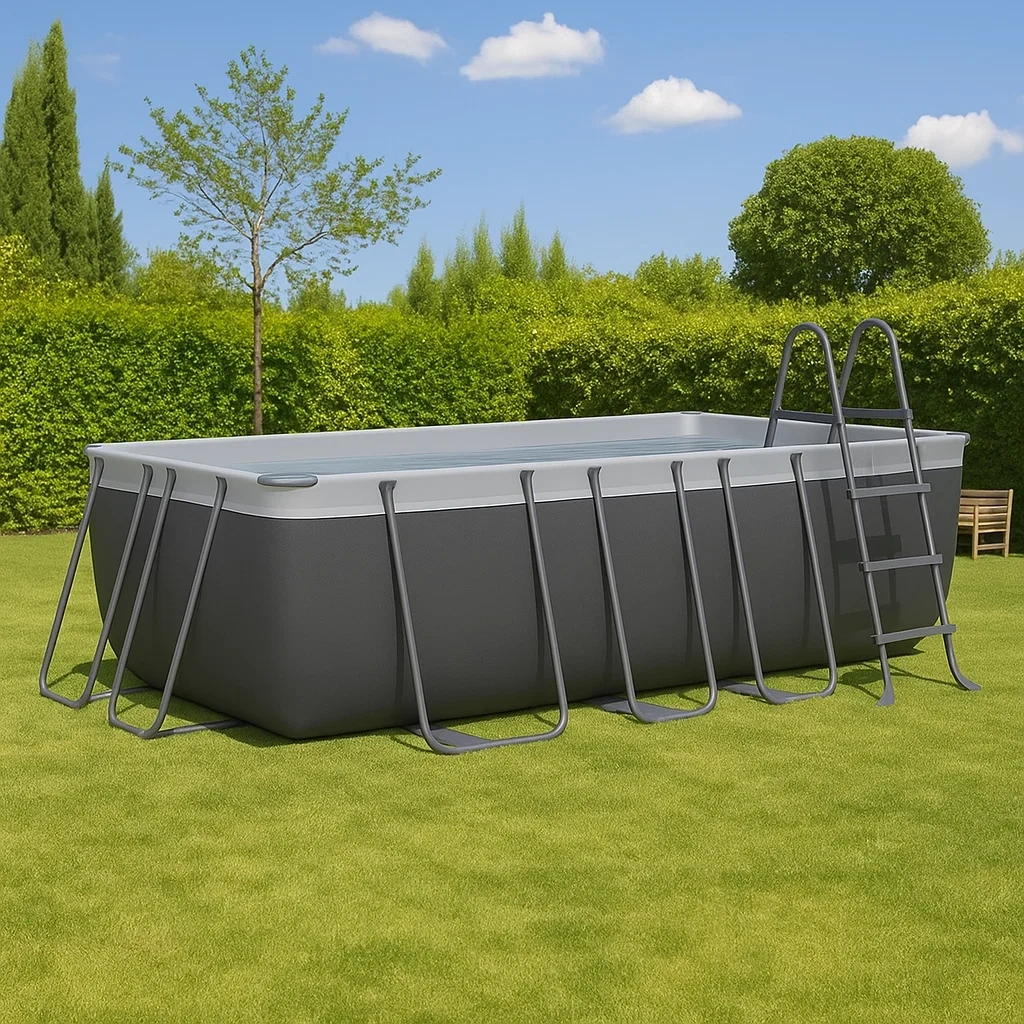 Röhrenförmiges Schwimmbecken, rechteckig, Metallkonstruktion, graue Farbe, Außenaufstellung, Abmessungen 400x200x75 cm - y1A0aEPbeK87