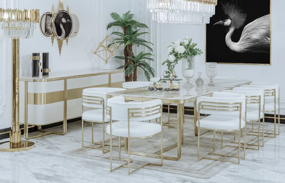 Luxury dining room chair set with armrests white / gold 58 x 51 x H. 76 cm - kitchen chairs set of 8 - dining room furniture - restaurant furniture - luxury furniture - luxury furnishings