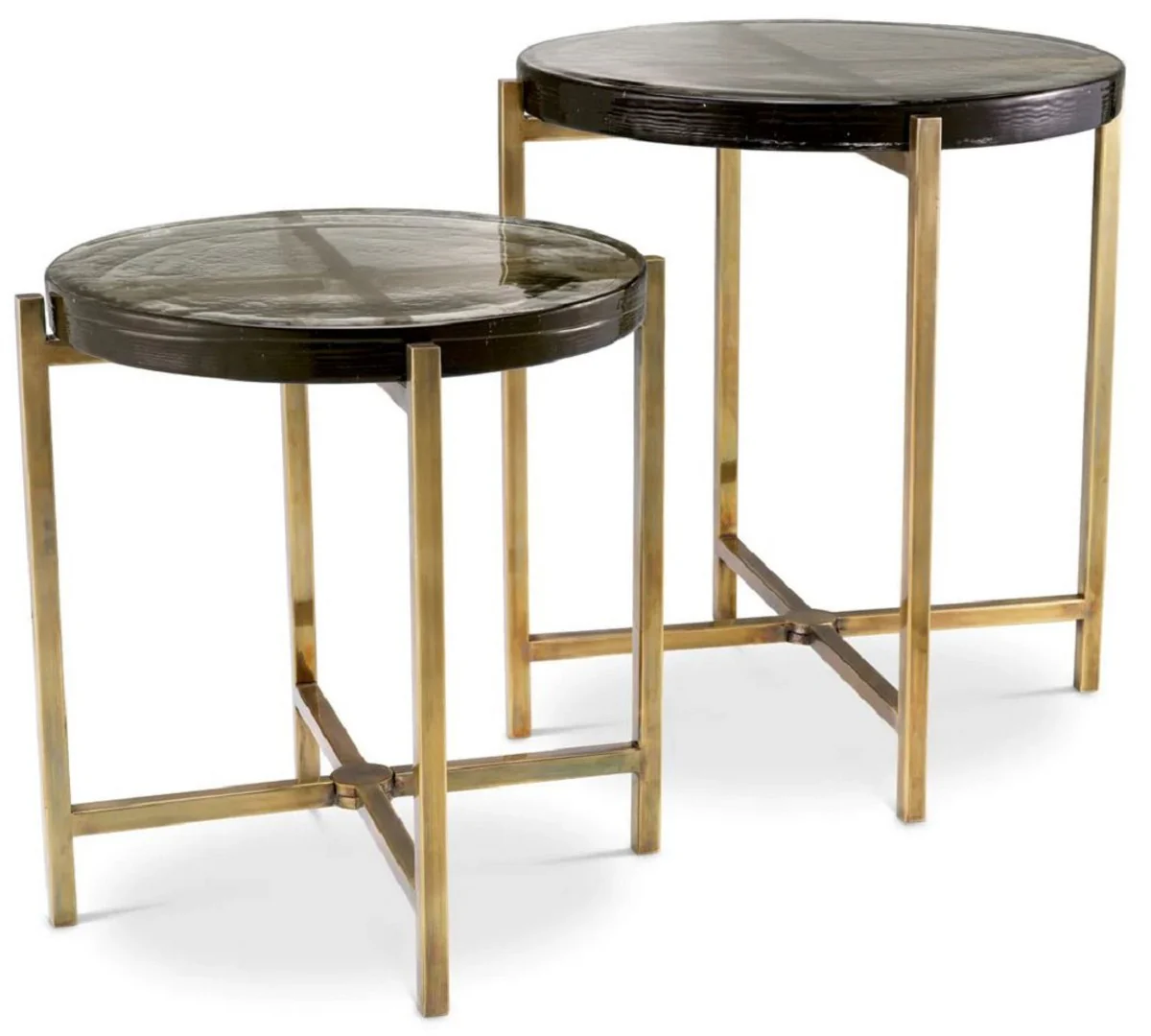 Luxury side table set vintage brass - 2 round stainless steel tables with glass top - living room furniture - hotel furniture - luxury furniture - luxury furnishings - furniture luxury