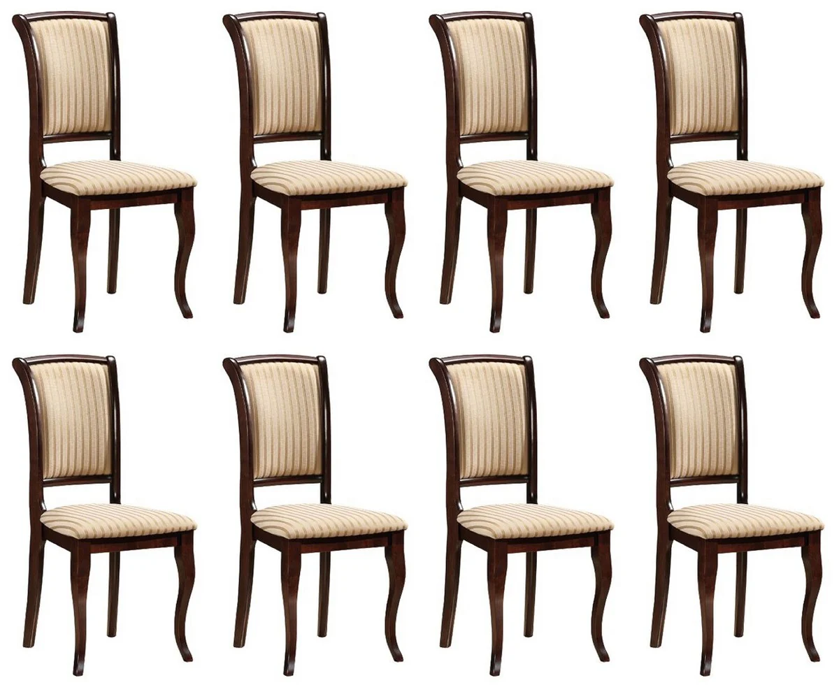 Art Nouveau dining chair set of 8 cream / gold / dark brown 44 x 44 x H. 96 cm - Elegant solid wood kitchen chairs with stripes - Baroque & Art Nouveau dining room furniture