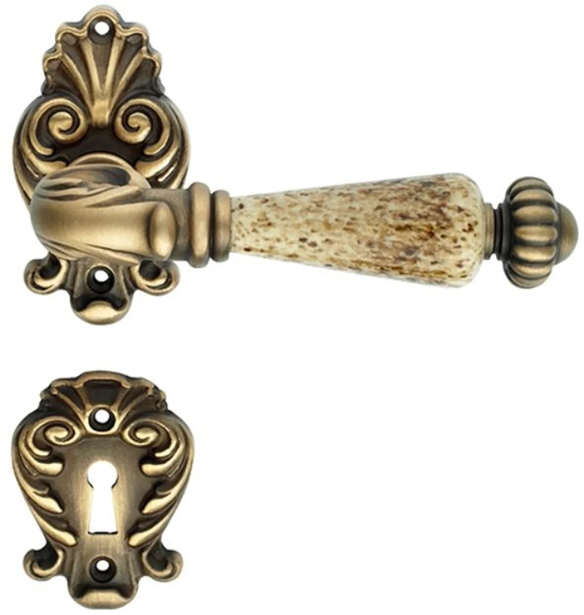 Baroque door handle set brass patinated 14 x H. 8.2 cm - Baroque style door handle set with elegant porcelain handle