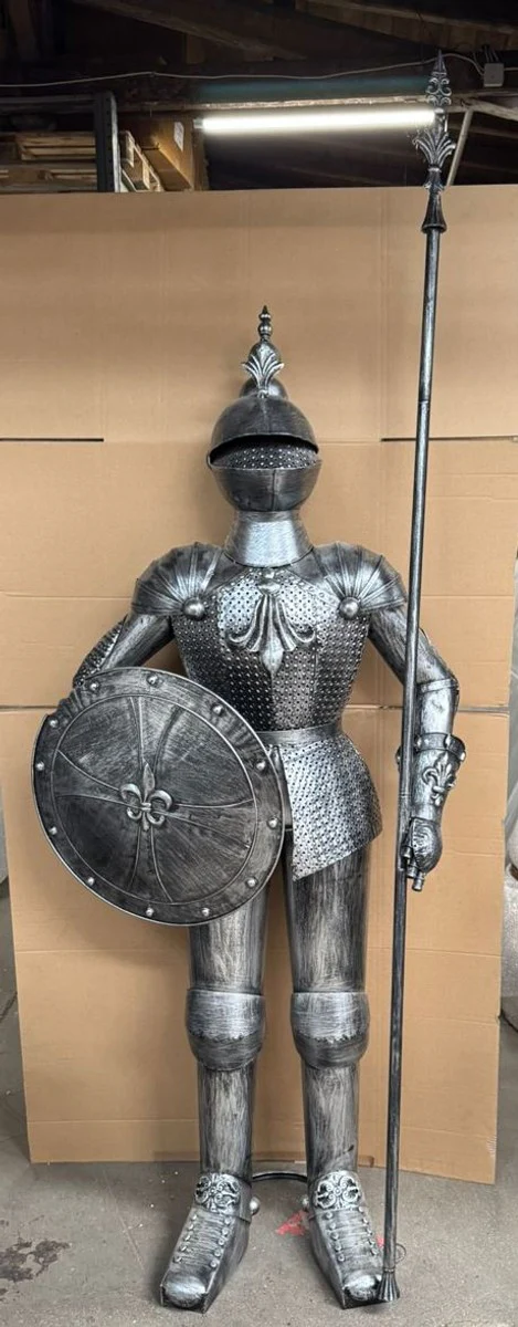 Deko Ritterrüstung mit Schild & Lanze Antik Silber H. 247 cm