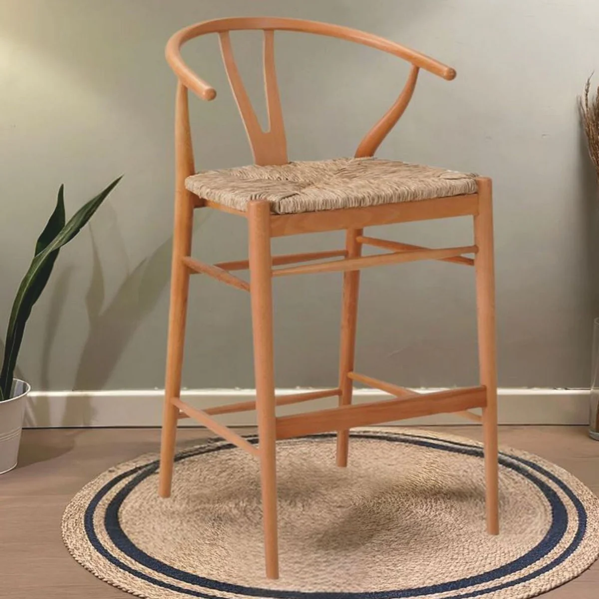 Luxury bar chair with armrests natural color H. 103 cm - solid wood bar furniture