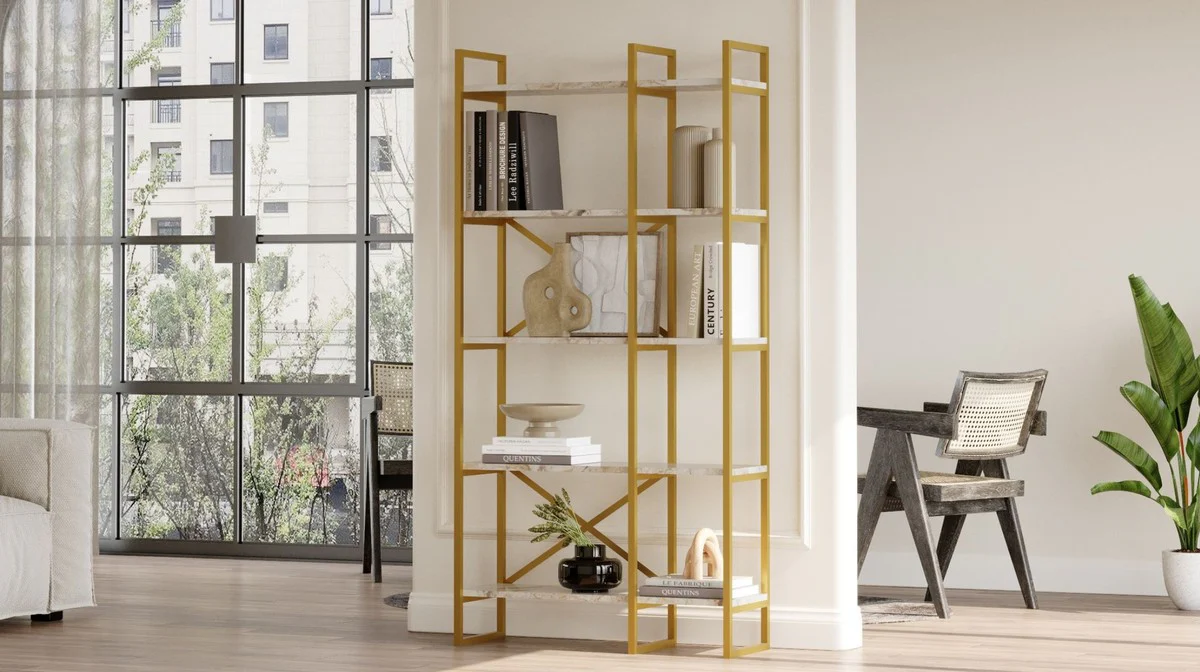 Luxury shelf cabinet with marble shelves gold / white 87.5 x 30 x H. 175 cm - bookcase - living room cabinet - office cabinet - living room furniture - office furniture - luxury furniture