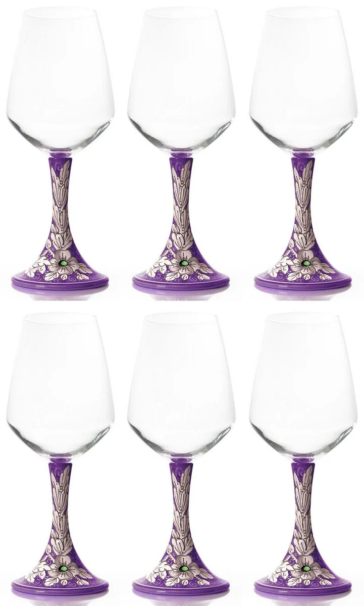 Luxury Ceramic Wine Glass Set of 6 Purple / Multicolored H. 23.5 cm - Handmade & Hand-Painted Wine Glasses - Hotel & Restaurant Accessories - Luxury Quality - Made in Italy