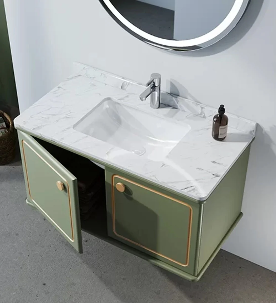 Luxury bathroom set green / gold with marble top - hotel bathroom interior
