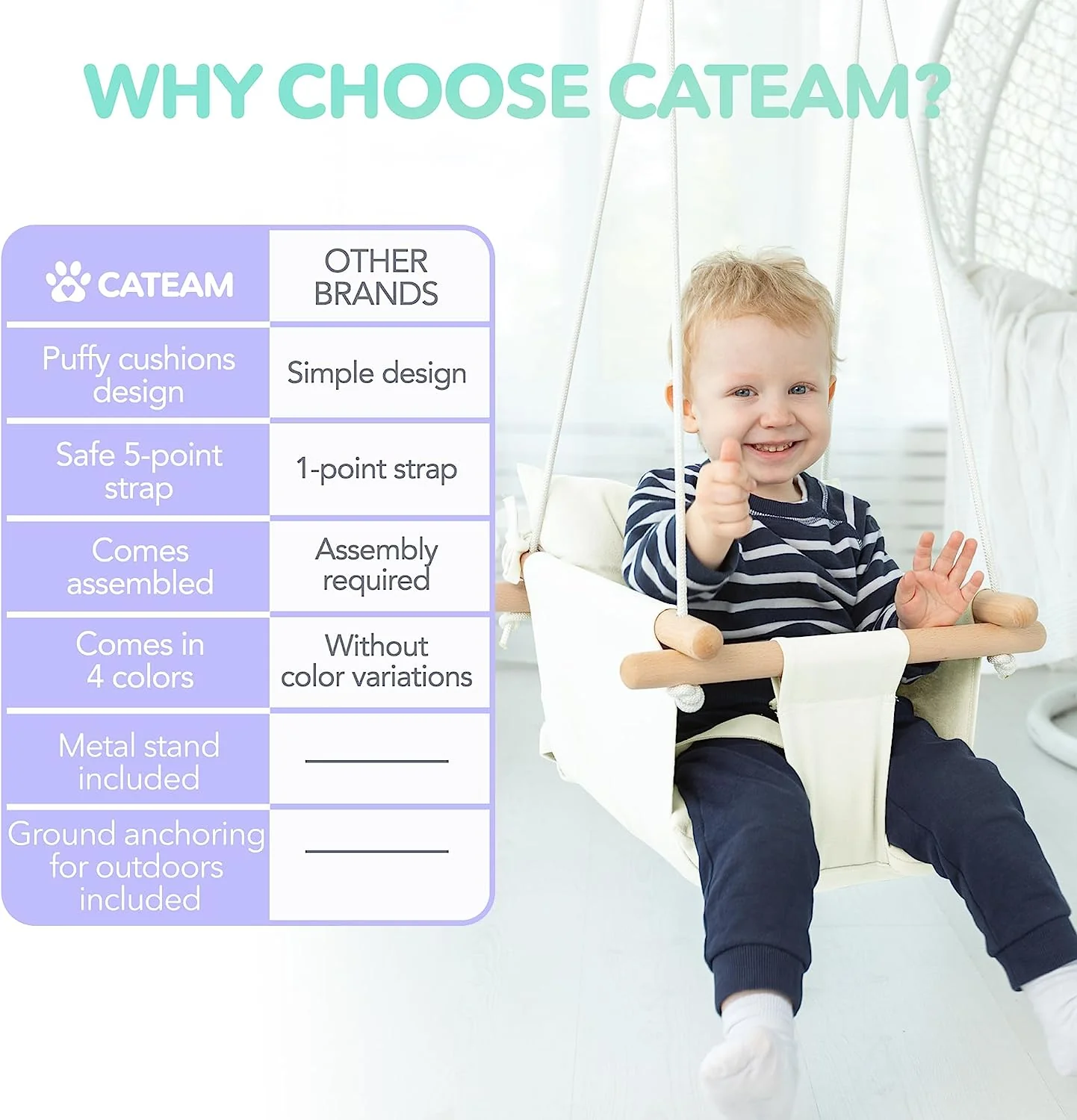 Babyschaukel aus Segeltuch, hängender Schaukelsitz aus Holz mit Sicherheitsgurt, langlebiger Baby-Hängemattenstuhl, Außen- und Innenschaukel für Kinder, Montagezubehör im Lieferumfang enthalten, Elfenbeinfarben