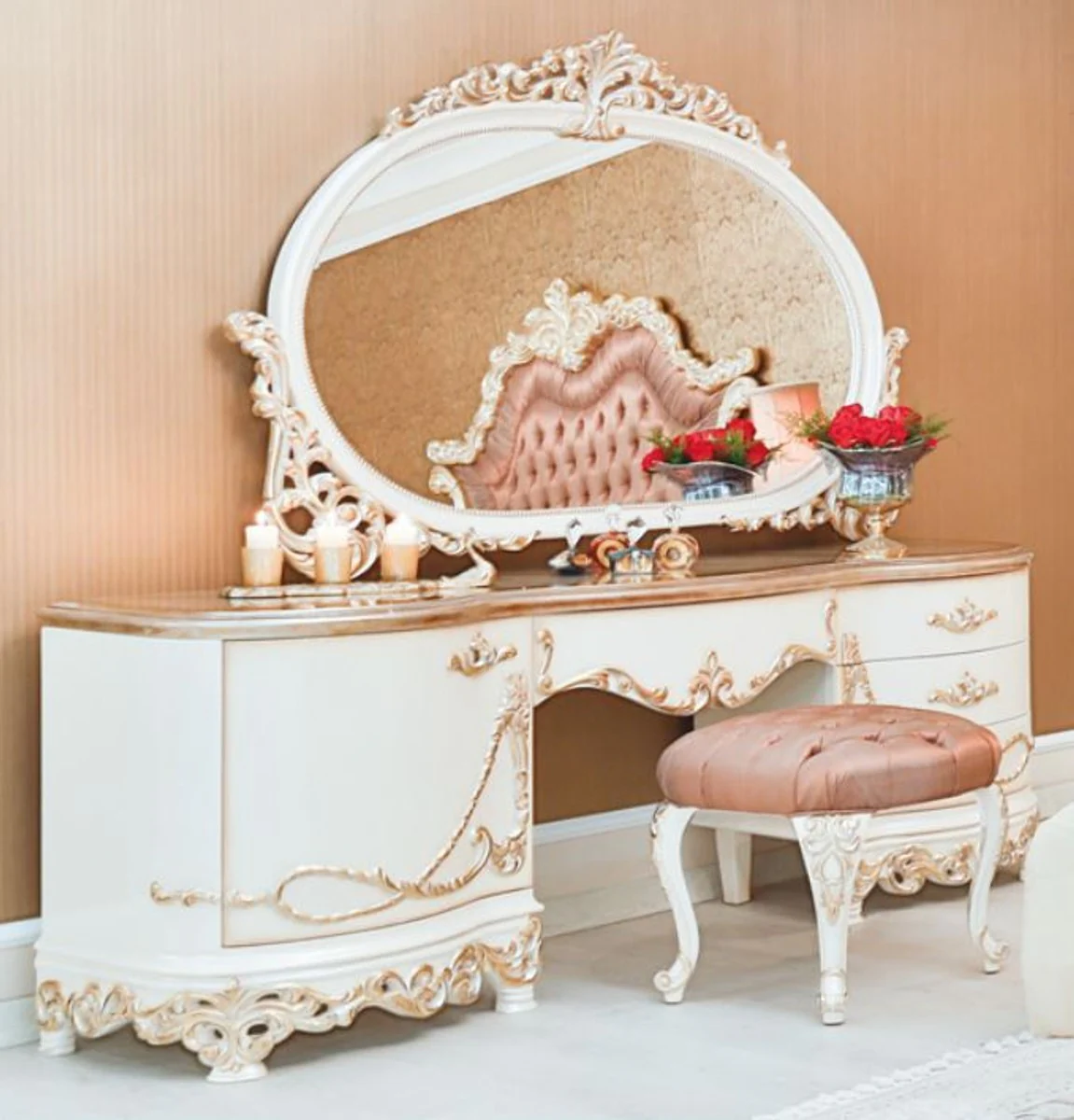 Luxury baroque bedroom set pink / white / cream / copper - 1 dressing table & 1 mirror & 1 stool - magnificent bedroom furniture in baroque style - luxury quality