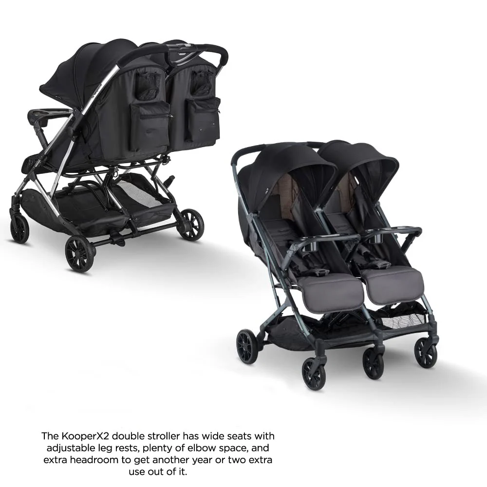 Side-by-Side-Doppelkinderwagen mit zwei Snack-Tabletts, einhändig klappbaren Sitzen, verstellbaren Liegesitzen, verstellbaren Beinstützen und 2 Reißverschlusstaschen zur Aufbewahrung, geschmiedetes Eisen