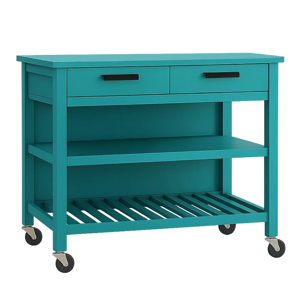 Rechteckige Kücheninsel mit Rollen, aus MDF-Holz, türkisgrün, mit 2 Schubladen und offenen Regalen, Maße: 100 cm lang, 45 cm breit, 90 cm hoch, für die Küche. - p29J91SvgKKy