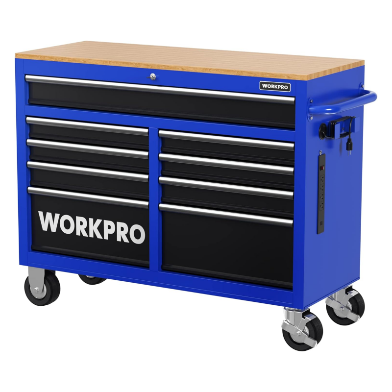 WORKPRO 46-Inch 9-Drawers Rolling Tool Chest, Mobile Tool Storage Cabinet mit Wooden Top, Ausgestattet mit Castern, Griff, Schublade Liner und Schließsystem, 1200 lbs Ladekapazität