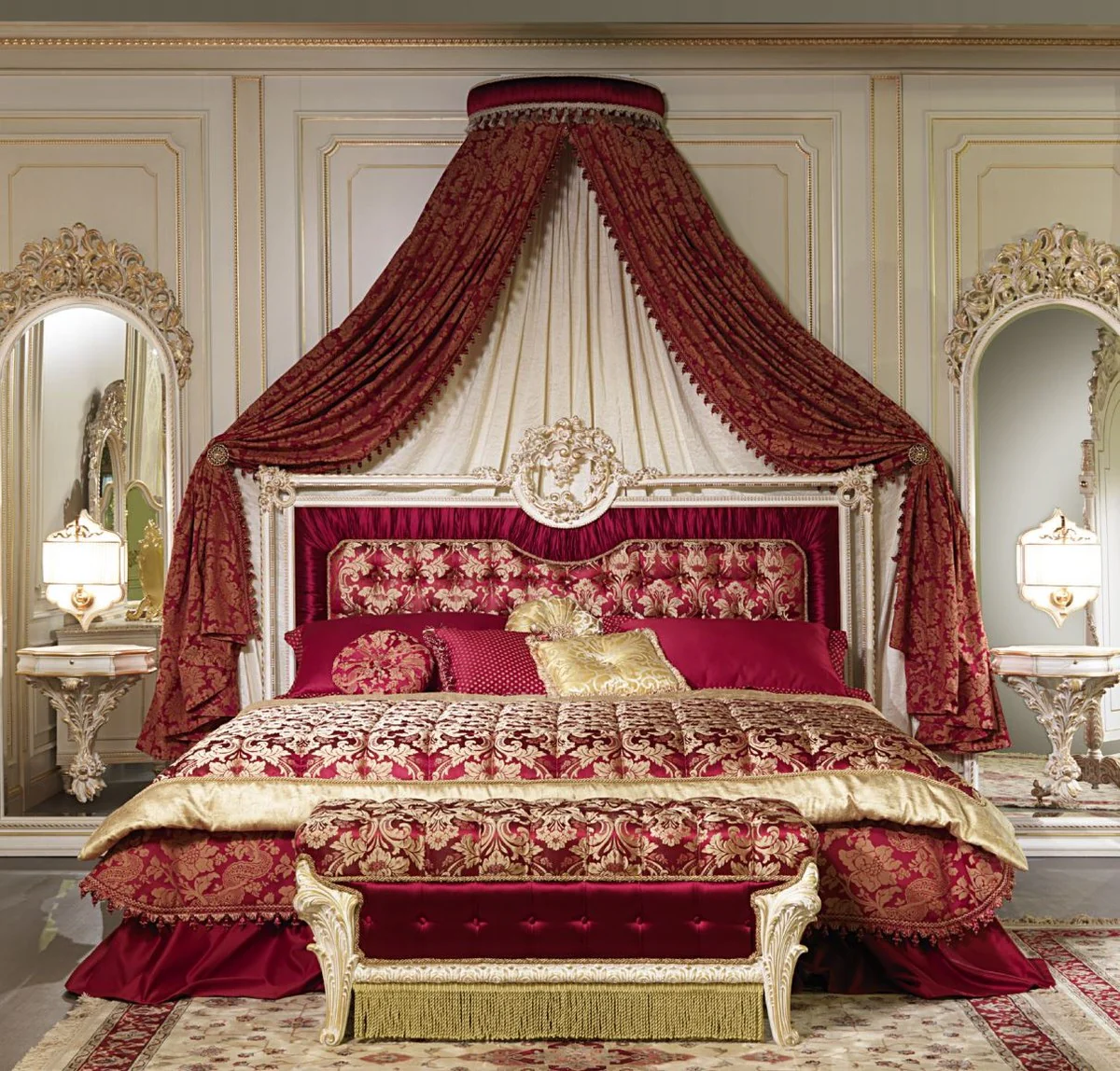 Luxury Baroque bedroom set Bordeaux red / white / gold - 1 double bed with headboard & 1 canopy & 1 bench - Baroque bedroom furniture - noble & magnificent