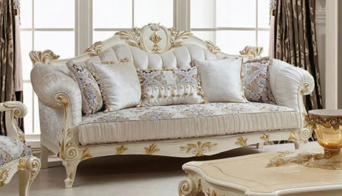Luxury baroque sofa white / multicolored / cream / gold - magnificent living room sofa with elegant pattern - baroque style living room furniture - luxury furniture in baroque style - baroque furnishings