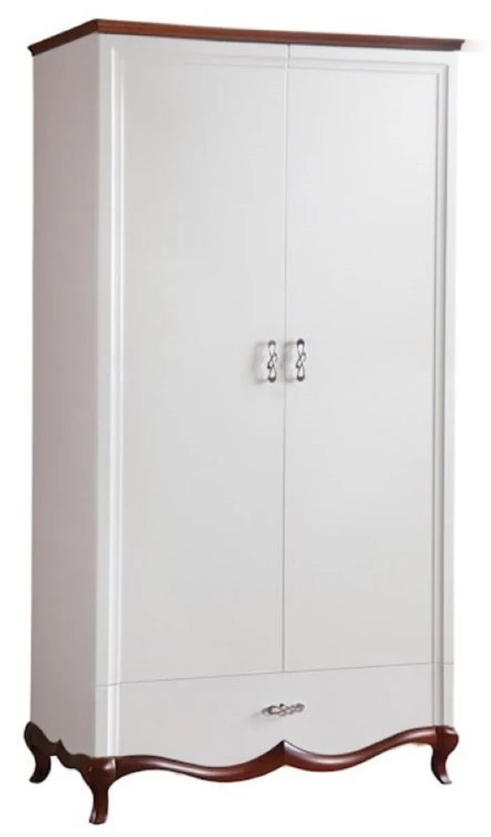 Luxury Art Nouveau bedroom cabinet high gloss white / brown 114 x 62.5 x H. 209.5 cm - solid wood wardrobe with 2 doors and drawer - bedroom furniture