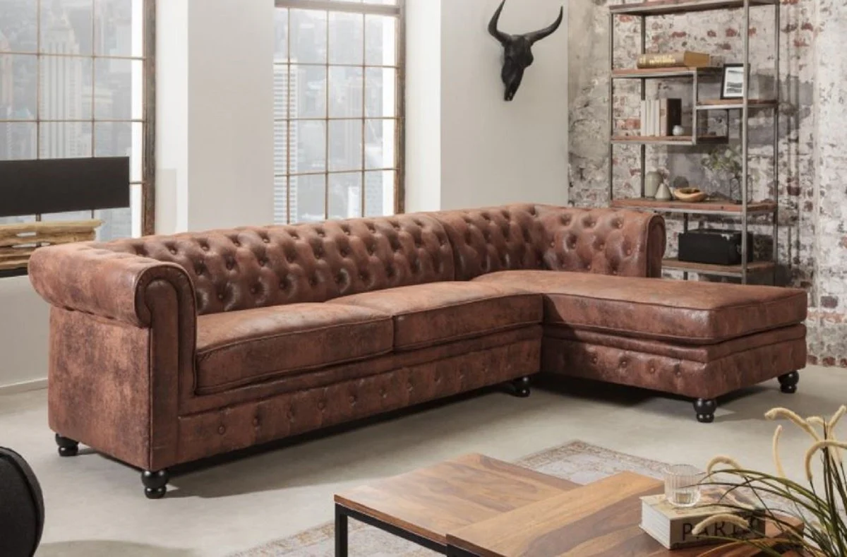 Chesterfield Corner Sofa Right Antique Brown - Microfiber Living Room Sofa - Chesterfield Living Room Furniture