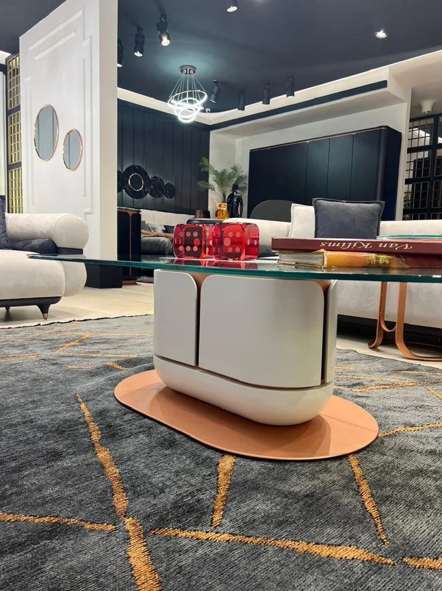 Luxury coffee table white / copper 150 x 80 x H. 40 cm - Living room table with glass top - Living room furniture - Hotel furniture - Luxury furniture - Luxury furnishings