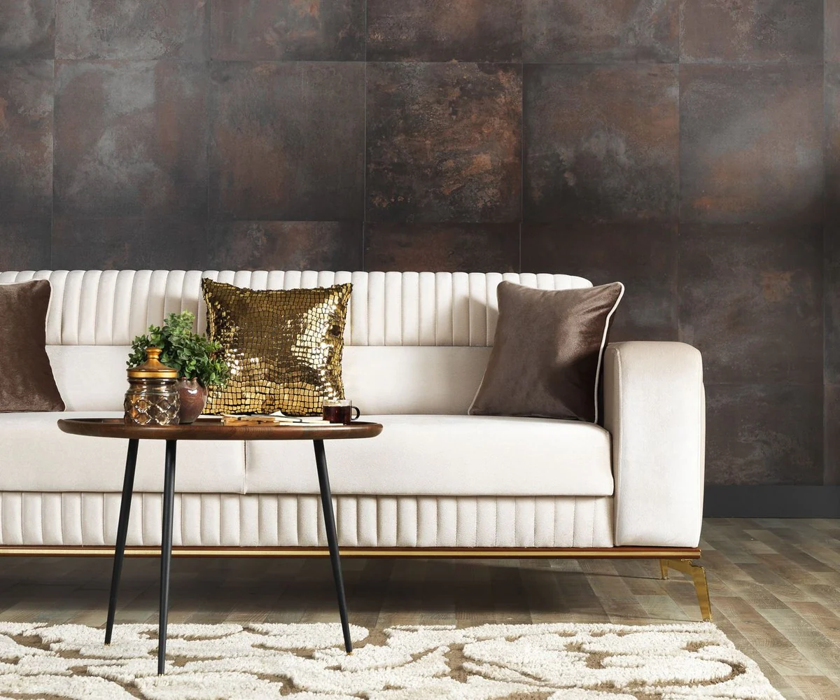 Luxury sofa bed cream / brown / gold 225 x 92 x H. 83 cm - living room sofa with 3 cushions - luxury living room furniture