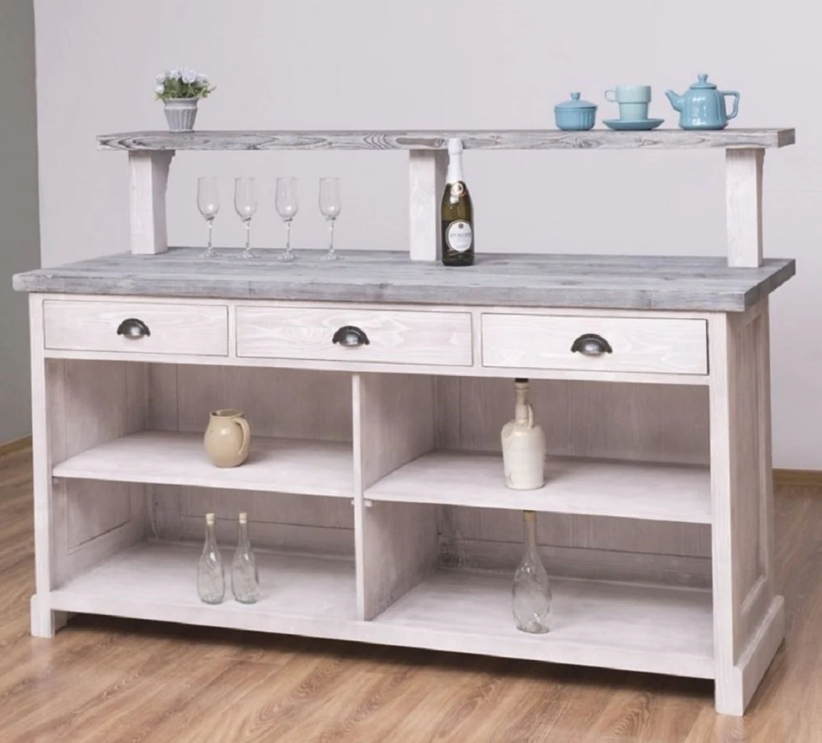 Country house style bar counter light gray / gray 180 x 68 x H. 120 cm - solid wood counter table - solid wood bar furniture - bar furniture in country house style - country house style furnishings