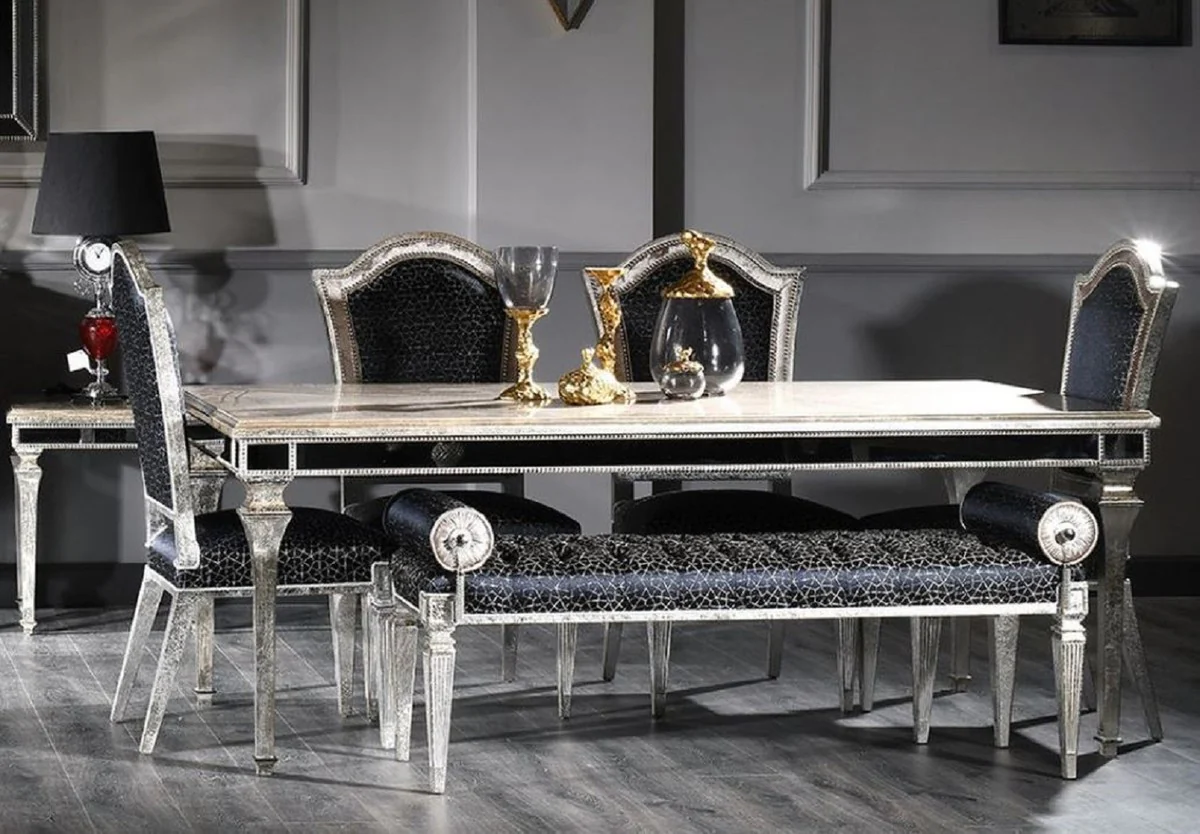 Luxury Baroque Dining Room Set Black / Antique Silver - 1 Baroque Dining Table & 4 Baroque Dining Chairs & 1 Baroque Bench - Luxury Dining Room Furniture in Baroque Style - Noble & Magnificent