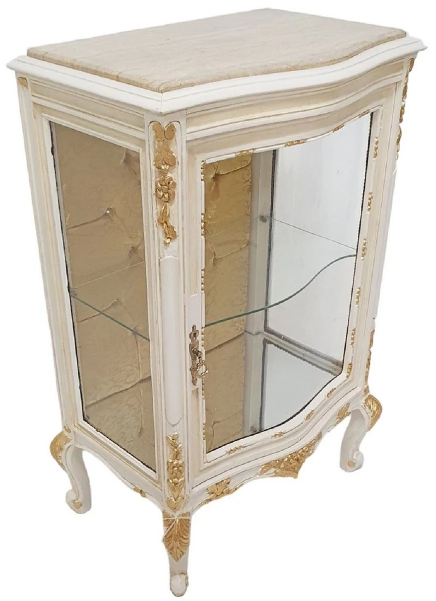 Baroque display cabinet white / cream / gold - handmade solid wood display cabinet with glittering stones and marble top - living room furniture in baroque style - baroque furniture