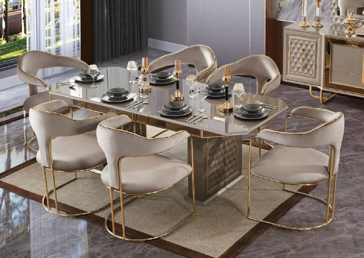 Luxury Art Deco Dining Room Set Gray / Gold - 1 Extendable Dining Table & 6 Dining Chairs with Armrests - Dining Room Furniture - Art Deco Furniture - Luxury Furniture - Art Deco Furnishings