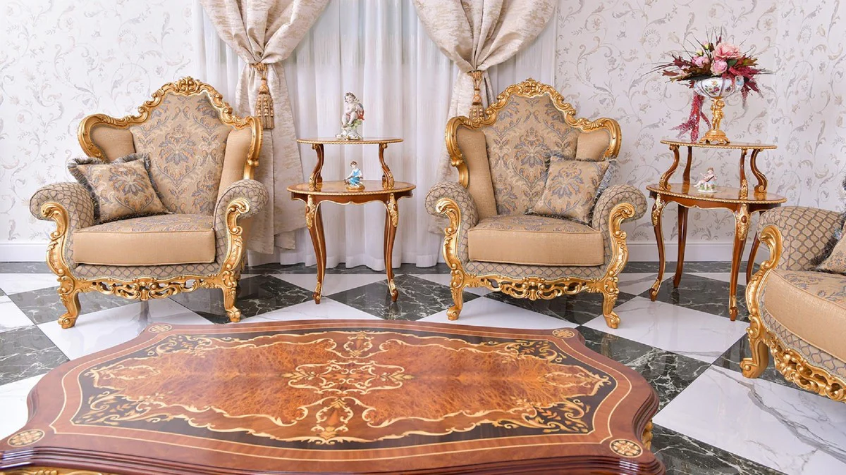 Luxus Barock Couchtisch Braun / Gold 128 cm - Barock Möbel - Made in Italy