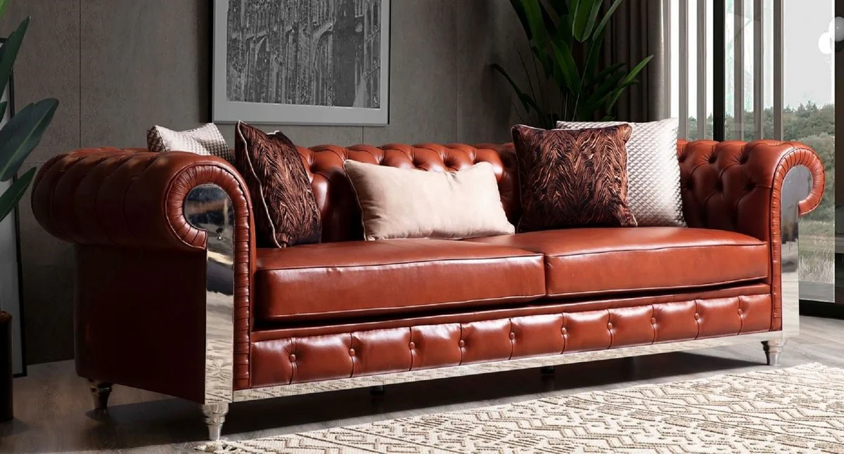 Luxury Chesterfield faux leather sofa brown / silver 270 x 100 x H. 70 cm - Living room sofa - Living room furniture - Chesterfield furniture - Luxury furniture - Luxury furnishings