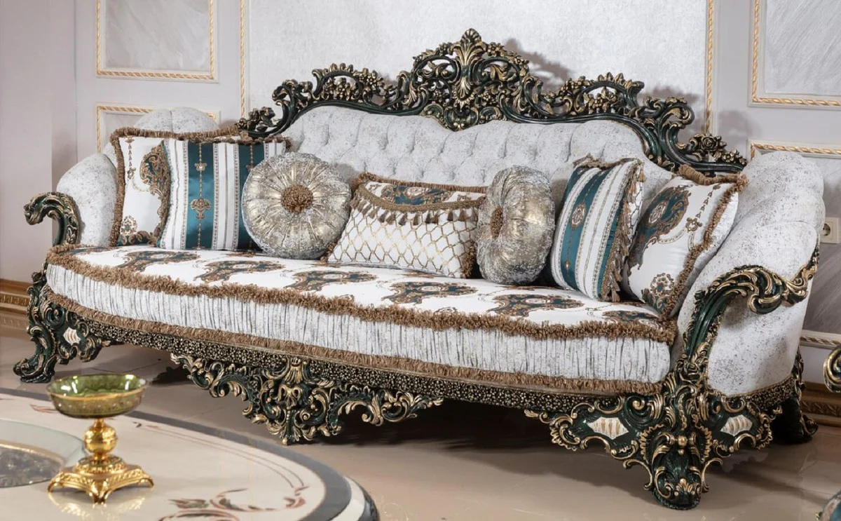 Luxury Baroque Sofa White / Multicolored / Green / Gold - Magnificent Living Room Sofa with Elegant Pattern - Baroque Living Room & Hotel Furniture - Noble & Magnificent