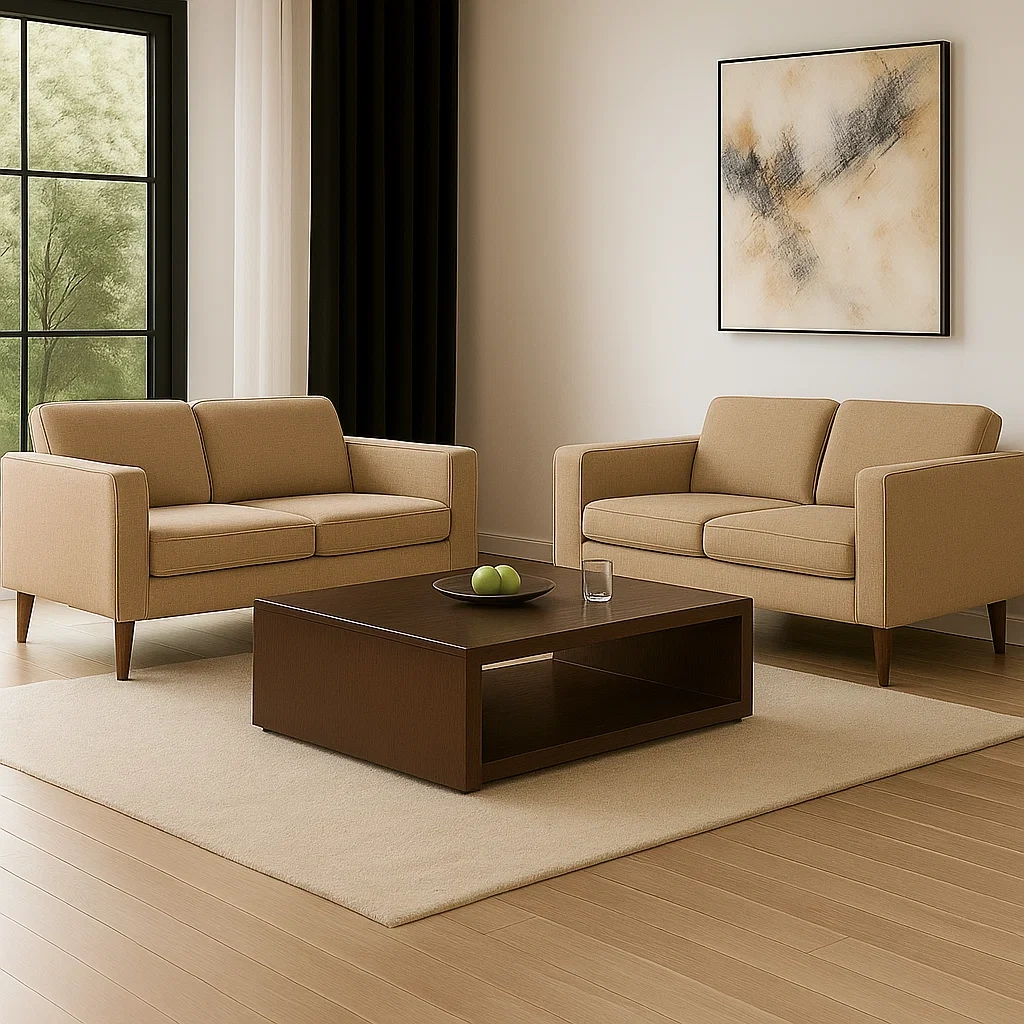 4-Sitzer-Sofagarnitur, Kunstleder, hellbraun, Kombinationsdesign, festes Gestell mit Beistelltisch, Sofagröße 160 x 80 x 80 cm, Couchtischgröße 120 x 40 x 20 cm, für Wohnzimmer - 9tb3RbL230DV