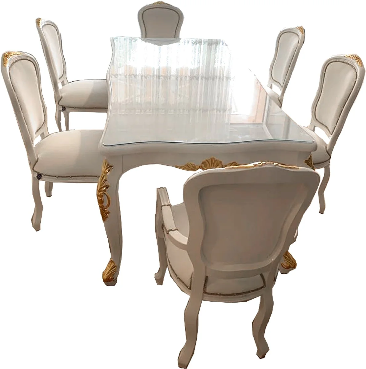 Luxury Baroque dining room set white / gold - 1 dining table with glass top & 6 dining chairs with faux leather - Made in Italy - Luxury Collection