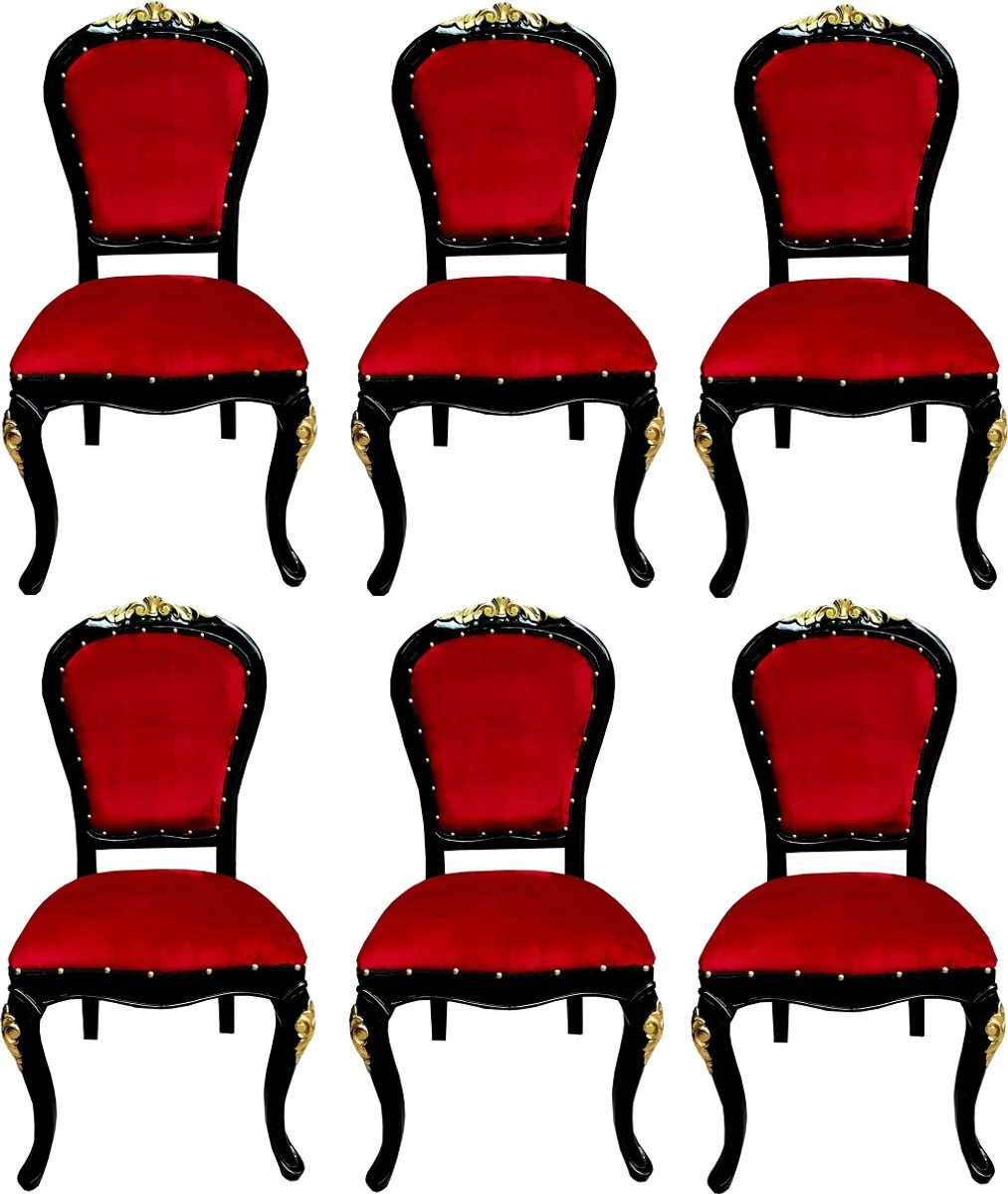 Luxury Baroque dining room set Bordeaux red / black / gold 50 x 50 x H. 110 cm - 6 handmade solid wood dining chairs with velvet fabric - Baroque dining room furniture