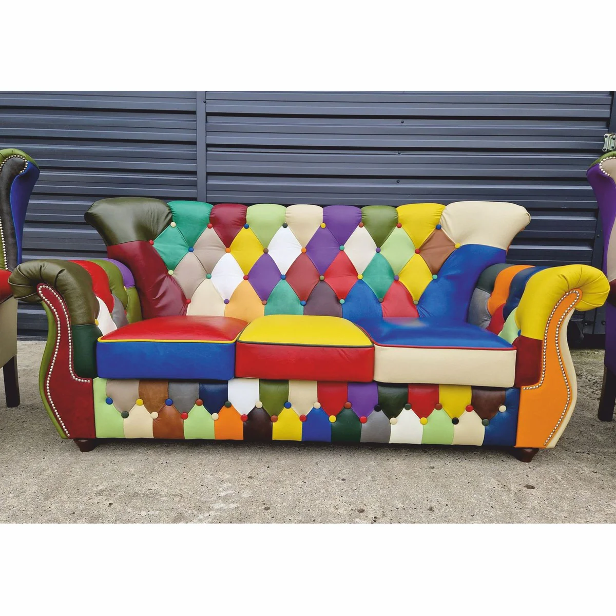 Luxury Chesterfield Leather 3 Seater Sofa Colorful / Dark Brown 200 cm - Patchwork Real Leather Furniture