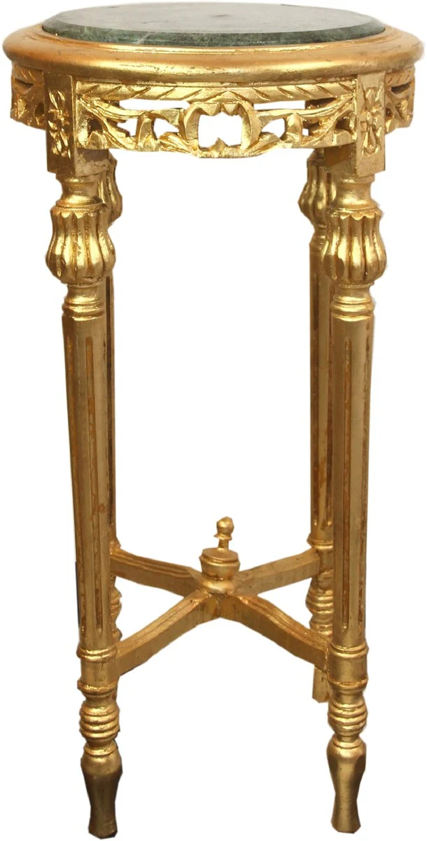 Baroque side table with marble top gold / green Ø 37 x H. 71 cm - Round hand-carved antique style telephone table flower table with beautiful decorations