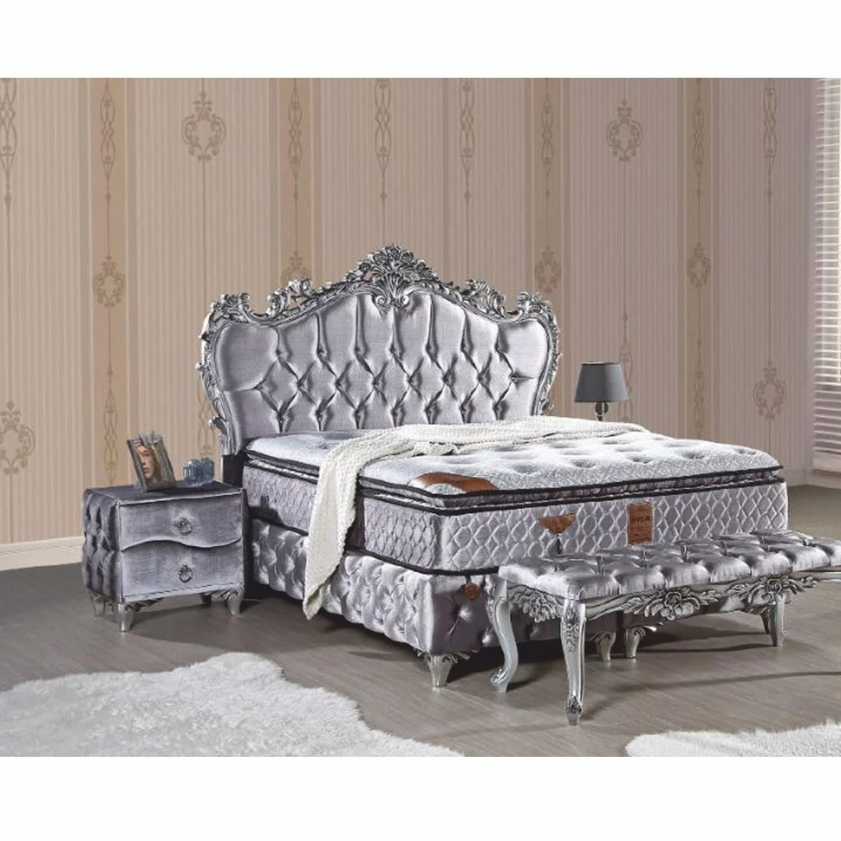 Baroque bedside table with 2 drawers silver - Baroque style bedroom furniture