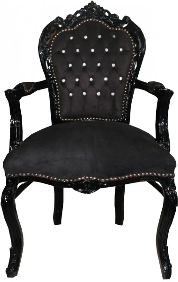 Baroque dining room chair black / black with armrests and bling bling rhinestones - Limited Edition