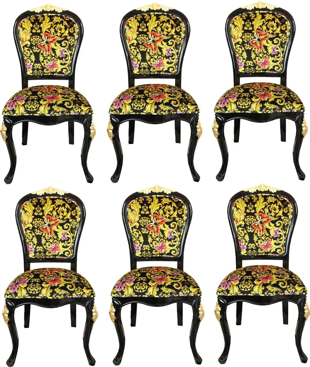 Pompöös by Luxury Baroque Dining Room Chairs Butterflies & Flowers Multicolored / Black / Gold - Pompöös Baroque Chairs designed by Harald Glööckler - 6 Dining Room Chairs - Baroque Dining Room Furniture